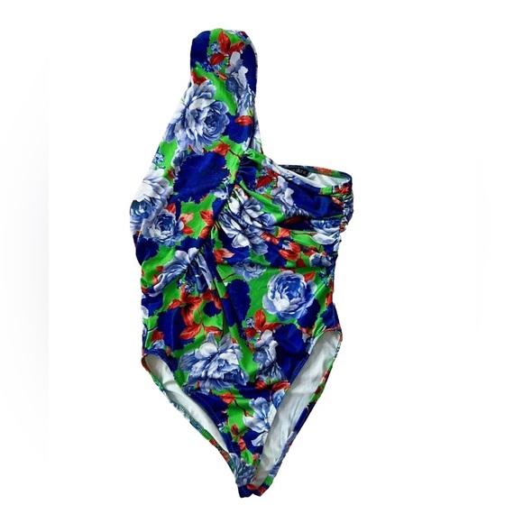 ZARA One Sleeve Blue & Green Floral Asymmetrical Bodysuit Size Small NWT - Picture 2 of 9